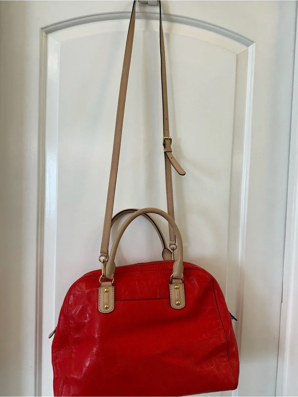 Michael Kors Reddish Orange Leather Crossbody Grayson Satchel. Tan Trim.